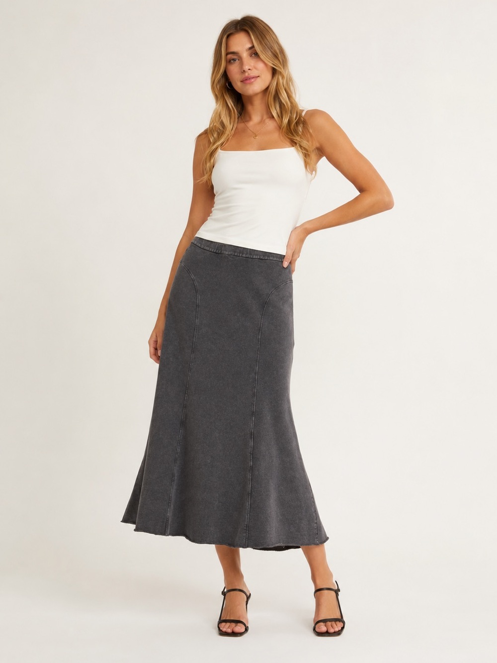 MO&CO Washed Black Flared Midi Skirt Cotton Panelled A-Line Size M Avant Grade